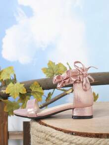 Girls Ruffle Trim Metallic Chunky Heeled Ankle Strap Sandals For Outdoor - Pink - View 2