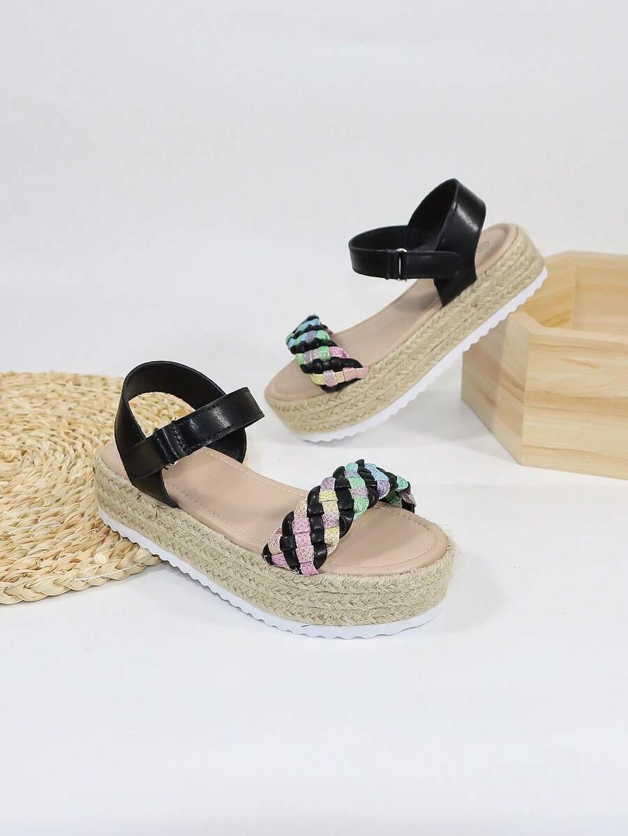 女孩編織設計編織踝帶平底涼鞋適合夏天