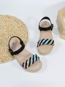 女孩編織設計編織踝帶平底涼鞋適合夏天