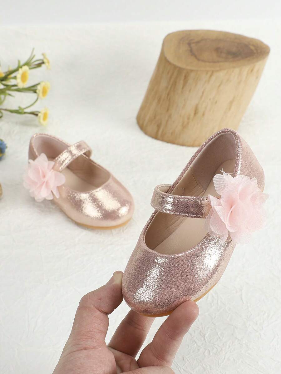 Baby Girls Flower Decor Metallic Mary Jane Flats For Outdoor