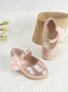Baby Girls Flower Decor Metallic Mary Jane Flats For Outdoor - Pink - View 3