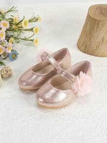 Baby Girls Flower Decor Metallic Mary Jane Flats For Outdoor - Pink - View 4