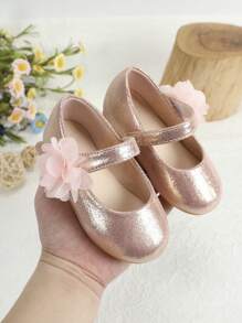 Baby Girls Flower Decor Metallic Mary Jane Flats For Outdoor - Pink - View 5