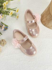 Baby Girls Flower Decor Metallic Mary Jane Flats For Outdoor - Pink - View 6