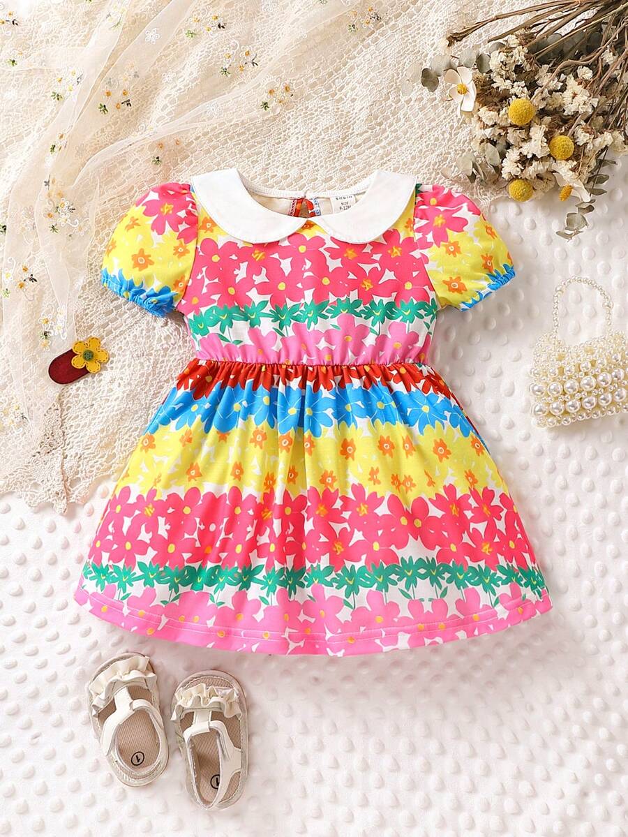 SHEIN Đầm em bé Tương phản ren Hoa Tất cả trên in - Nhiều màu - Xem 1