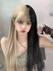 黑金配色的半黑半金色人工合成長直假髮,帶劉海,長度26英寸,防熱髮型,適用於日常造型、初學者使用,包括派對、假期、冬季等各種場合 - 拼色 - 查看 1