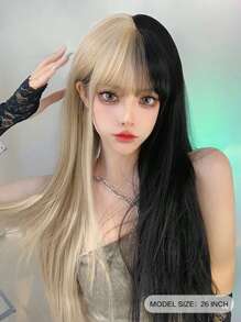 黑金配色的半黑半金色人工合成長直假髮,帶劉海,長度26英寸,防熱髮型,適用於日常造型、初學者使用,包括派對、假期、冬季等各種場合 - 拼色 - 查看 3