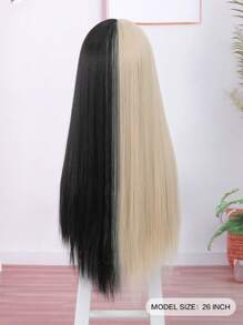 黑金配色的半黑半金色人工合成長直假髮,帶劉海,長度26英寸,防熱髮型,適用於日常造型、初學者使用,包括派對、假期、冬季等各種場合 - 拼色 - 查看 4