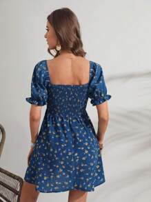 SHEIN VCAY Đầm Xù Dải chun Họa tiết hoa Boho - Màu xanh hải quân - Xem 2