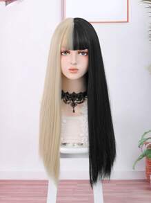 黑金配色的半黑半金色人工合成長直假髮,帶劉海,長度26英寸,防熱髮型,適用於日常造型、初學者使用,包括派對、假期、冬季等各種場合 - 拼色 - 查看 5