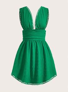 Soleia Solid Plunge Neck Dress - Green - View 1