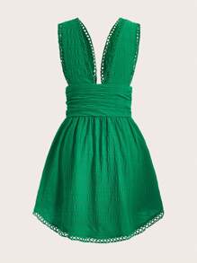 Soleia Solid Plunge Neck Dress - Green - View 2