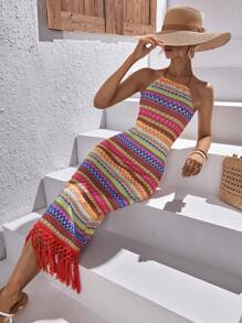 SHEINNeu Geo Pattern Fringe Hem Halter Dress - Coral Orange - View 1