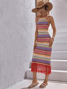 SHEINNeu Geo Pattern Fringe Hem Halter Dress - Coral Orange - View 5