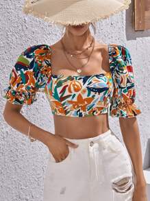SHEIN VCAY Allover Print Square Neck Puff Sleeve Crop Top - Multicolor - View 1