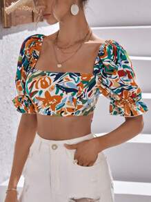 SHEIN VCAY Allover Print Square Neck Puff Sleeve Crop Top - Multicolor - View 3