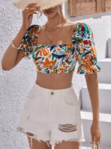 SHEIN VCAY Allover Print Square Neck Puff Sleeve Crop Top - Multicolor - View 5