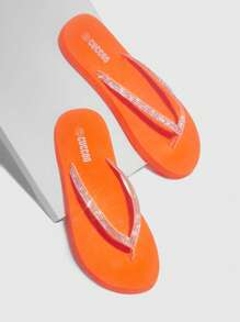 Grefit Chanclas con decoración de rhinestones, chanclas glamorosas de verano para vacaciones, zapatos de fiesta, chic y elegante, estilo para Halloween, Navidad, Otoño, San Valentín - Naranja - Ver 1