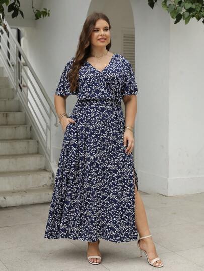 Nemidor 大碼碎花高衩連衣裙