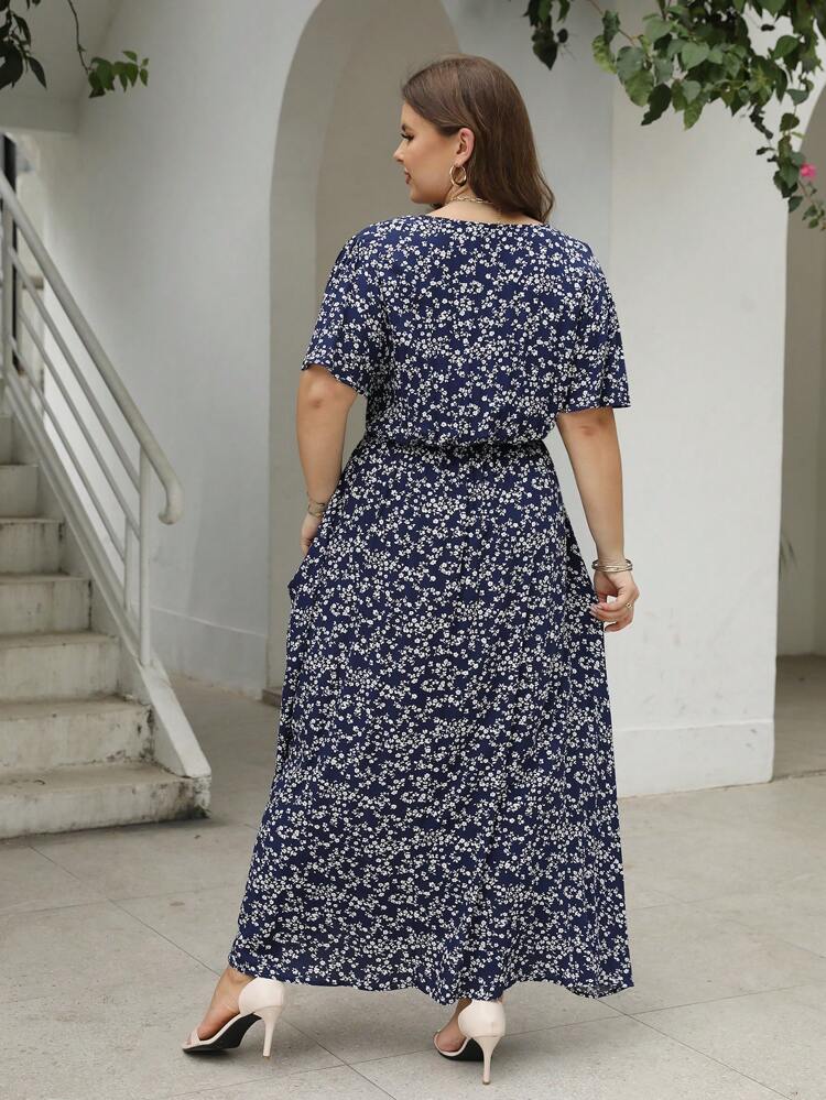 Nemidor Plus Size Bohemian Ditsy Floral Split Dress, Casual Vacation Elegant Summer