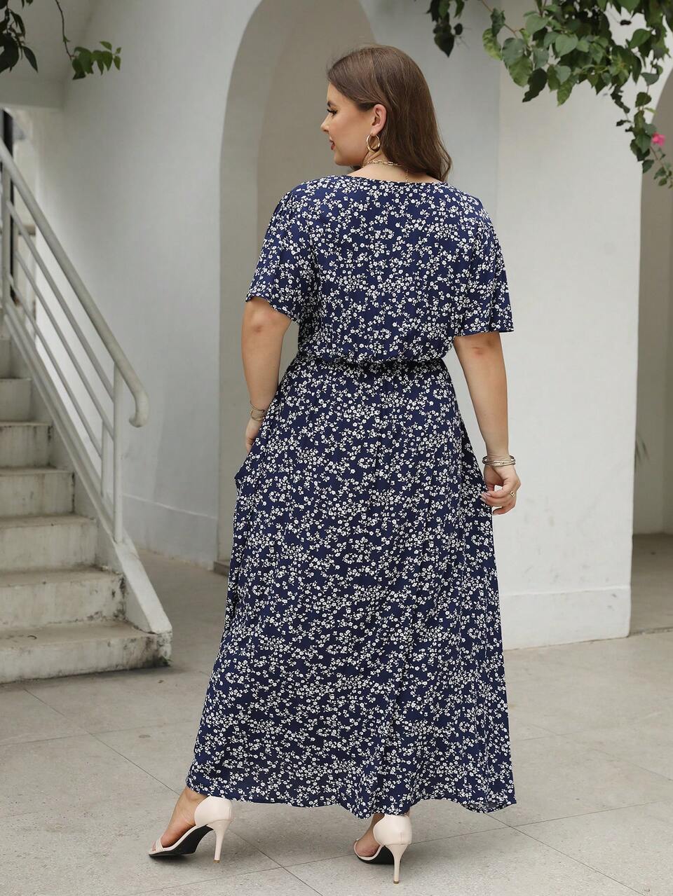 Nemidor Plus Size Bohemian Ditsy Floral Split Dress, Casual Vacation Elegant Summer