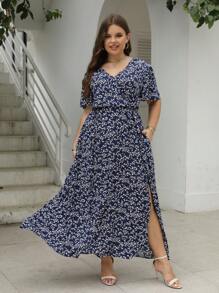 Nemidor 大碼碎花高衩連衣裙 - 藏蓝色 - 查看 5