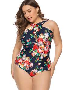 Floral Print Cross Wrap One Piece Swimsuit - Navy Blue - View 3