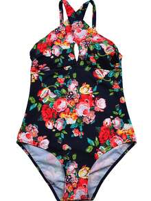 Floral Print Cross Wrap One Piece Swimsuit - Navy Blue - View 4