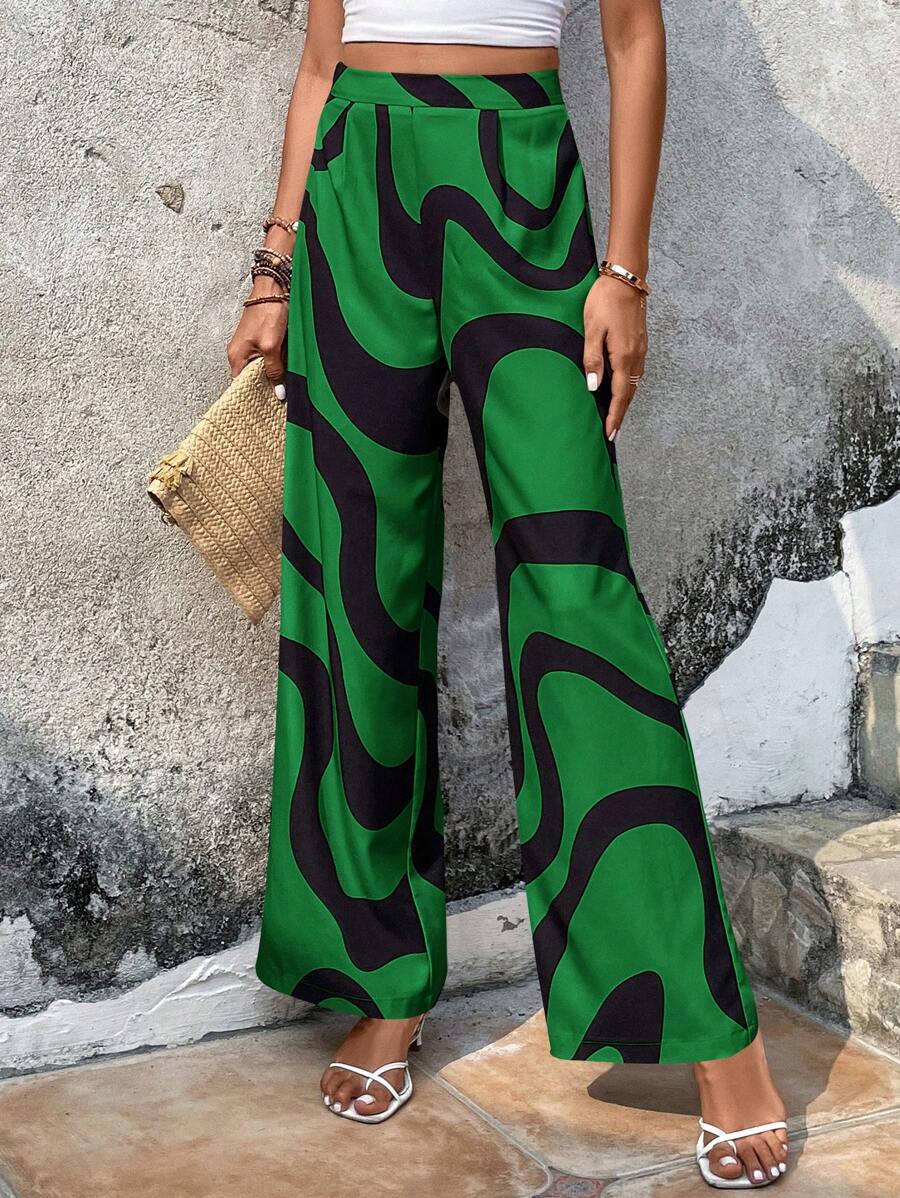 SHEIN Clasi 滿版印花闊腿褲 - 綠色 - 查看 1