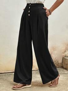 SHEIN LUNE Button Fly Wide Leg Pants - Black - View 4