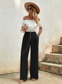 SHEIN LUNE Button Fly Wide Leg Pants - Black - View 5