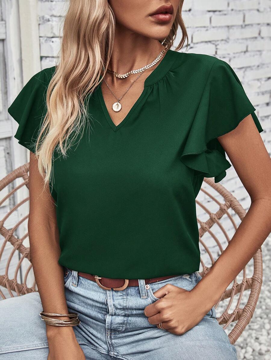 SHEIN Clasi 缺口領蝴蝶袖襯衫 - 墨綠色 - 查看 1