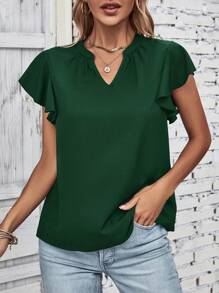 SHEIN Clasi 缺口領蝴蝶袖襯衫 - 墨綠色 - 查看 3