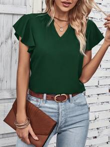 SHEIN Clasi 缺口領蝴蝶袖襯衫 - 墨綠色 - 查看 4