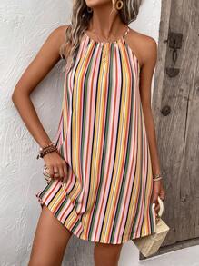 SHEIN VCAY Striped Print Keyhole Back Halter Neckline Dress - Multicolor - View 1