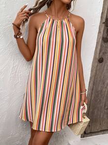 SHEIN VCAY Striped Print Keyhole Back Halter Neckline Dress - Multicolor - View 5