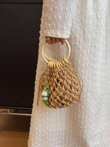 Rope Woven Bag Fishing Net Handbag Drawstring Vacation Bag - Brown - View 1