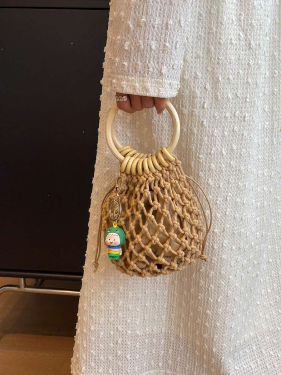 Rope Woven Bag Fishing Net Handbag Drawstring Vacation Bag - Brown - View 1