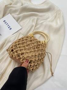 Rope Woven Bag Fishing Net Handbag Drawstring Vacation Bag - Brown - View 2