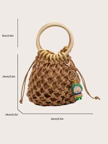 Rope Woven Bag Fishing Net Handbag Drawstring Vacation Bag - Brown - View 3