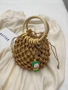 Rope Woven Bag Fishing Net Handbag Drawstring Vacation Bag - Brown - View 4