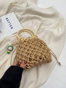 Rope Woven Bag Fishing Net Handbag Drawstring Vacation Bag - Brown - View 7