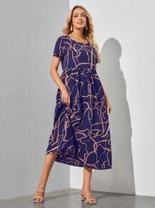 EMERY ROSE 圖案印花圓領連衣裙 - 藍色 - 查看 1