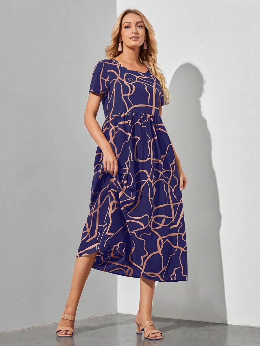 EMERY ROSE 圖案印花圓領連衣裙 - 藍色 - 查看 1