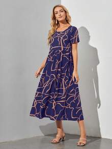 EMERY ROSE 圖案印花圓領連衣裙 - 藍色 - 查看 4
