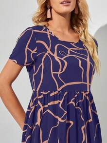 EMERY ROSE 圖案印花圓領連衣裙 - 藍色 - 查看 5