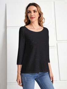 EMERY ROSE Solid Scoop Neck Tee - Black - View 4