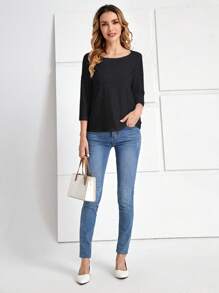 EMERY ROSE Solid Scoop Neck Tee - Black - View 5