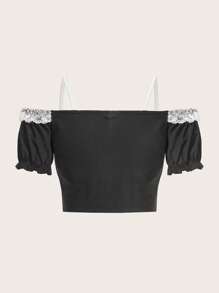 ROMWE Camiseta con encaje en contraste de hombros descubiertos - Blanco y Negro - Ver 4