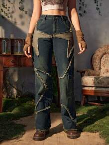 ROMWE Fairycore Quần Jeans Ống Thẳng Star Design Colorblock Raw Trim, Dành Cho Trường Học - Màu xanh lá cây đậm - Xem 4